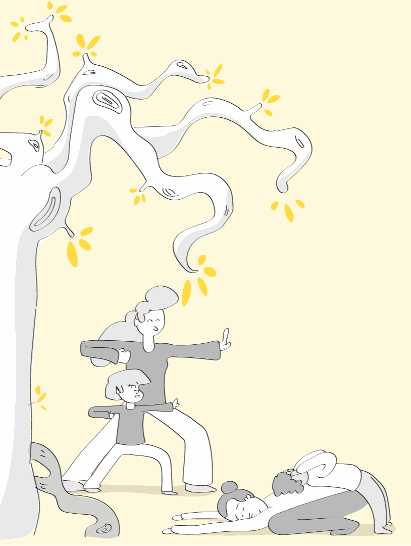 Illustration d'un cours de yoga partagé entre un parent et son enfant