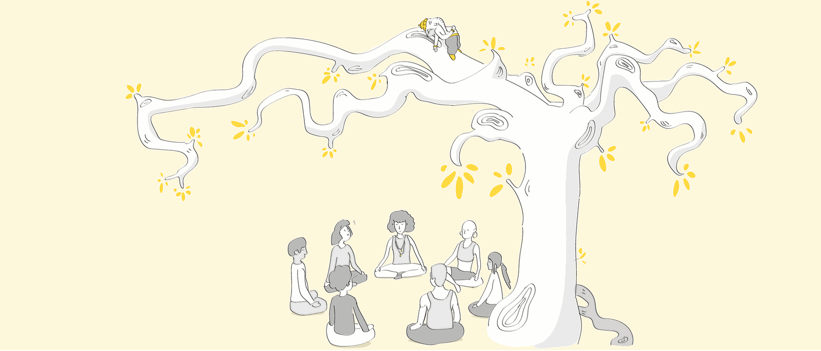 Un groupe assis en cercle sous un grand arbre