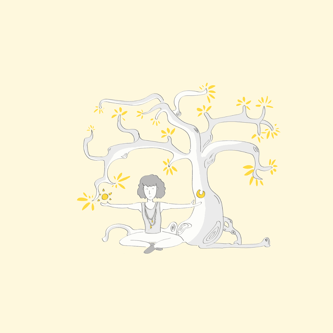 Illustration d'une femme assise en méditation au pied d'un grand arbre aux feuilles jaunes