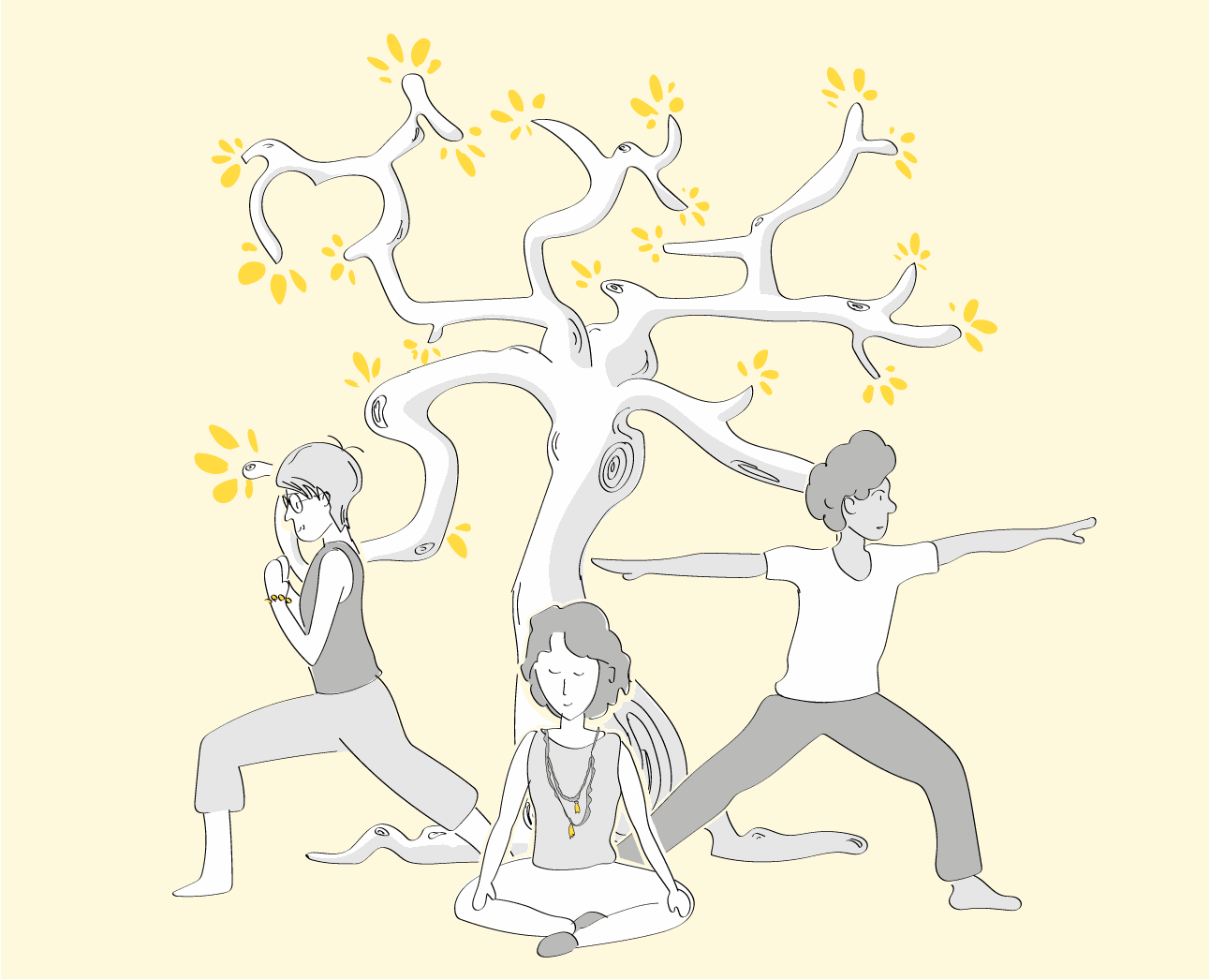 Illustration d'une séance de yoga adapté au pied d'un arbre