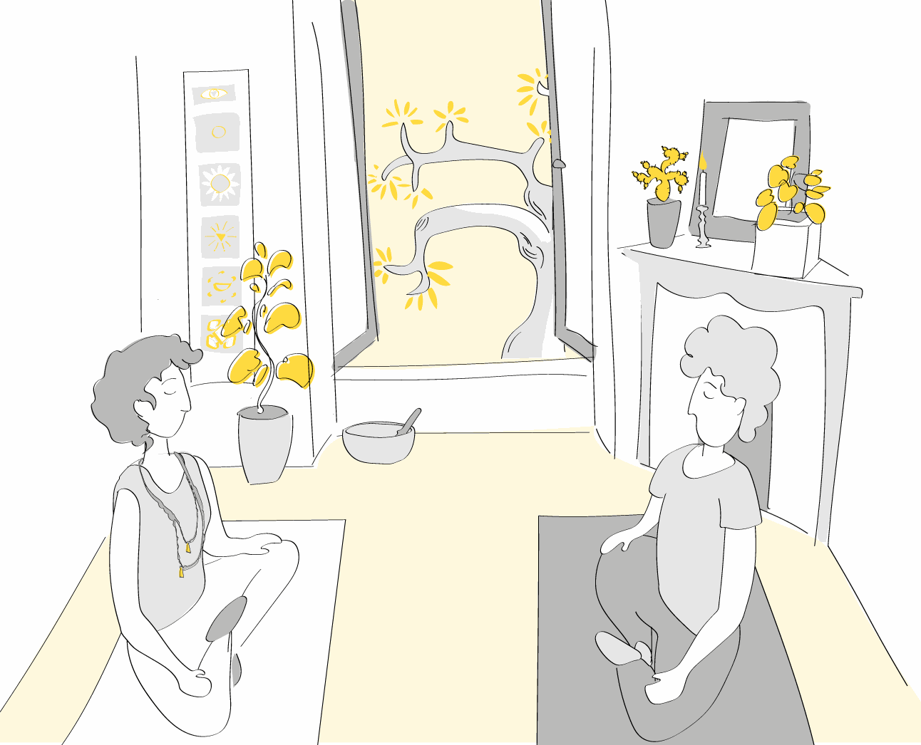 Illustration de deux personnes assises en méditation dans une salle lumineuse